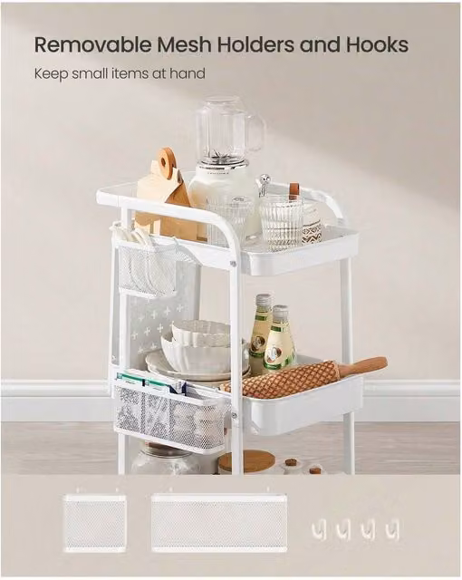 SONGMICS Rolling Storage Trolley with Pegboards and Hanging Rod, White Metal