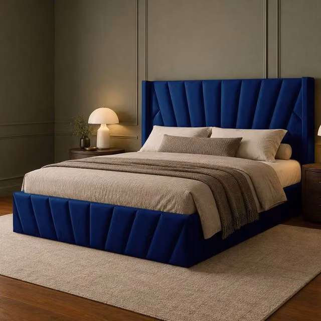 Desire Deco Novada Wingback Storage Bed in Blue Plush Velvet, Single, W/D/H: 90 x 190 x 137 cm
