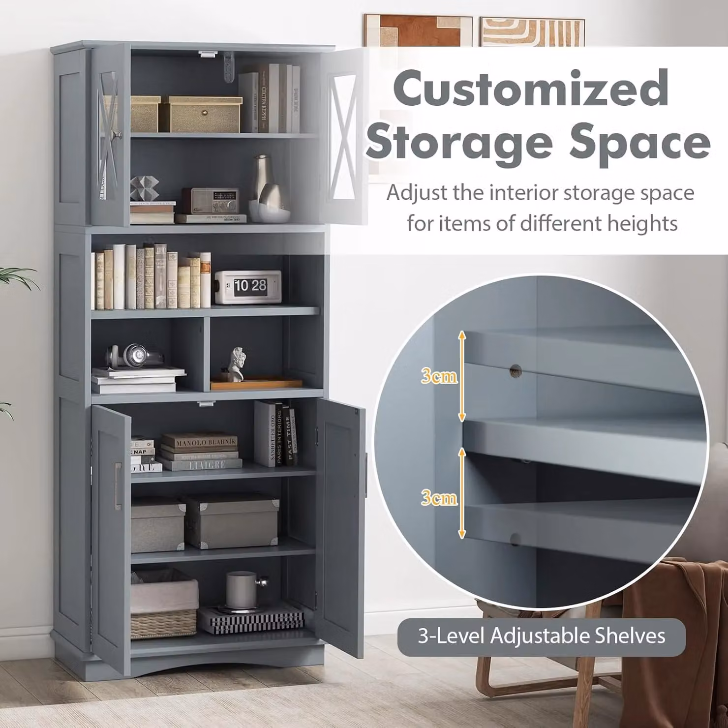 Gymax Tall Grey Bathroom Cabinet with Acrylic Glass Doors and Adjustable Internal Shelves – 5