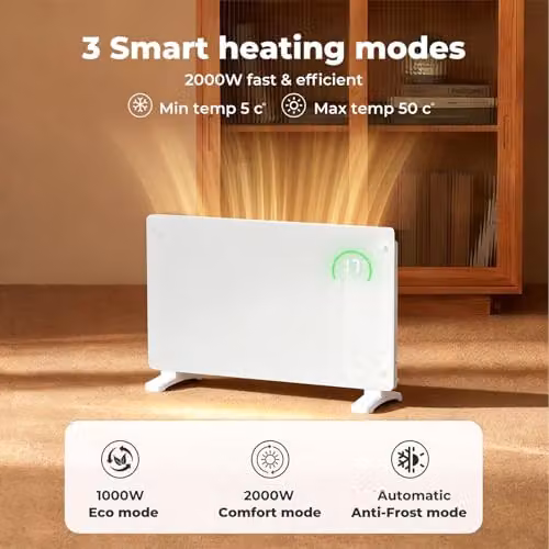 Spector Ultra-Thin Smart Electric Glass Panel Heater, 2000W, White, WiFi and App Control, Wall Mounted or Freestanding with Timer and Frost Protection, Depth: 6.5 cm – 2