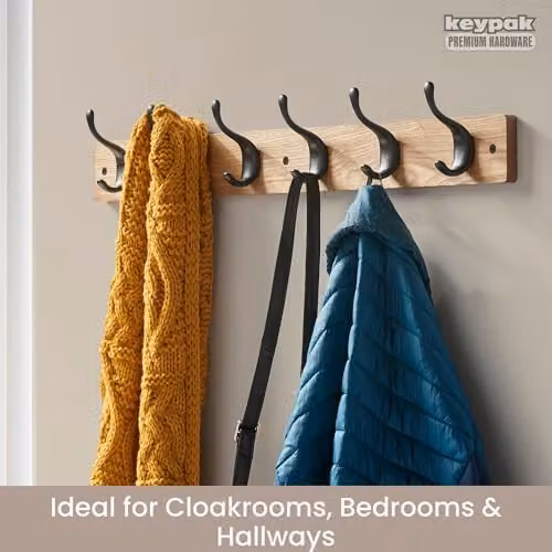 Keypak 6 Matte Black Coat Hooks with Ash Effect Wood Board, Width: 68 cm – 3