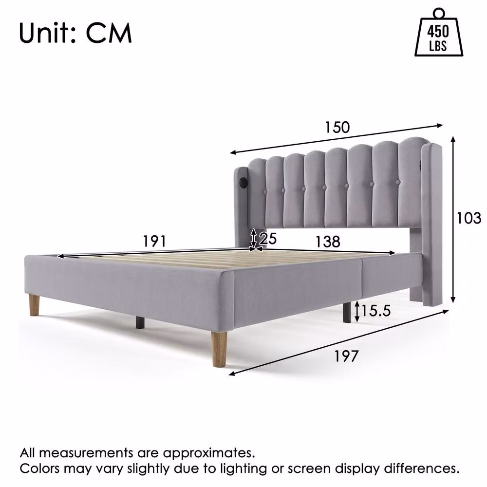Merax Double Upholstered Velvet Bed in Grey with USB Charging Ports – 2