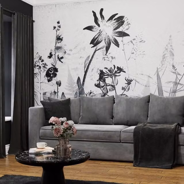 Superfresco Easy Flower Press Mono Print Mural in White, W: 3 m x H: 2.8 m
