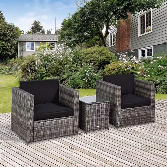 Outsunny 3 Piece L-Shape Rattan Corner Sofa Set with Coffee Table and Cushions in Grey