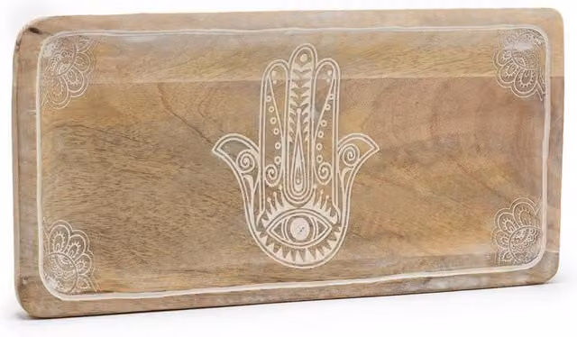 KDMD Hamsa Design Long Rectangular Wood Tray in Brown, W: 30 cm, D: 15 cm, H: 2.5 cm