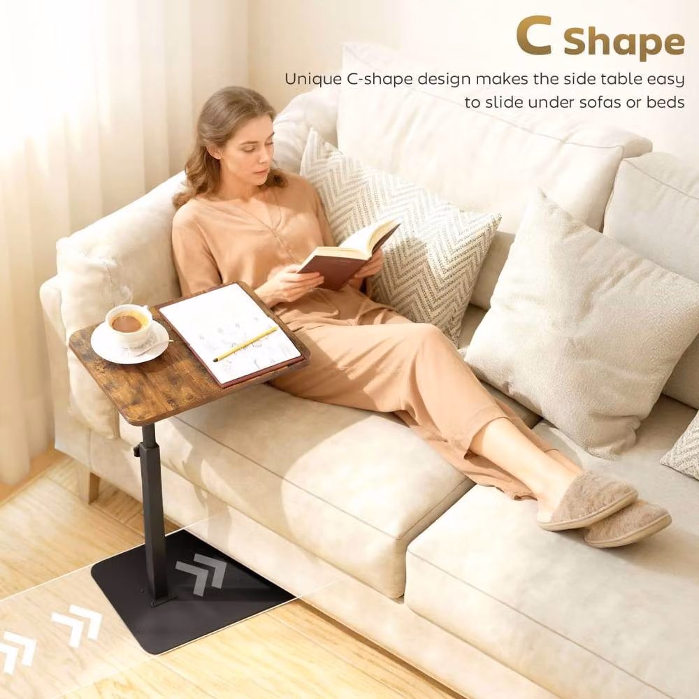 Wyld Haus Falava C Shaped Side Table in Rustic Brown with Adjustable Metal Frame – 4