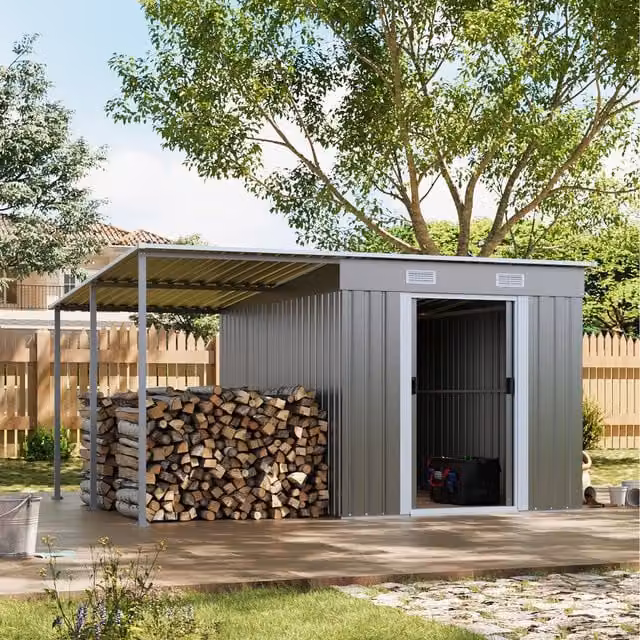 Livingandhome Modern Grey Metal Lean-to Pent Garden Shed with Sliding Doors and Log Storage