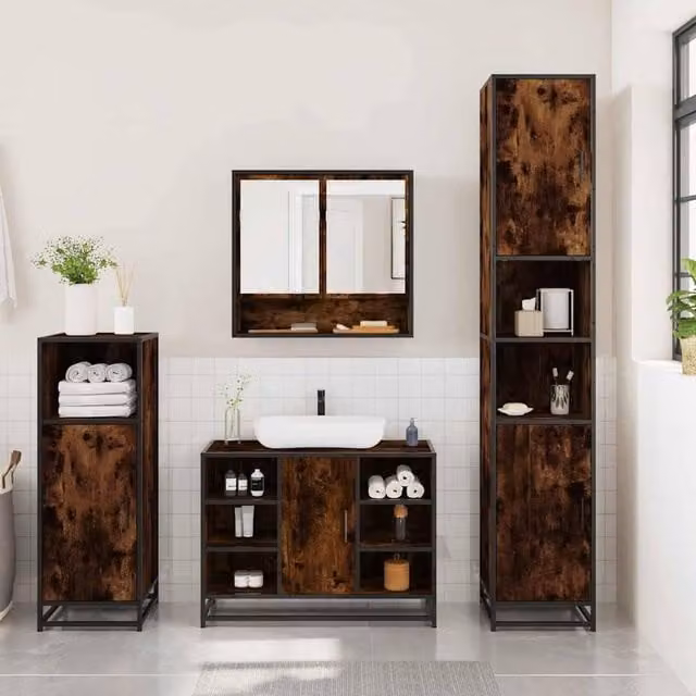 Berkfield Home 3 Piece Industrial Bathroom Furniture Set in Smoked Oak Brown – 1