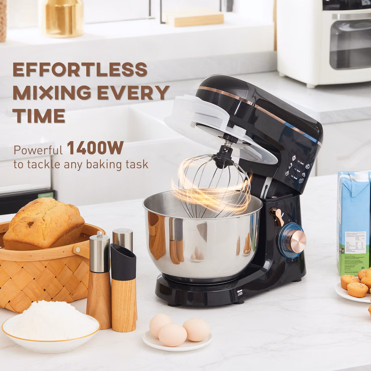 HOMCOM Stand Mixer for Baking with 5L Stainless Steel Bowl, 6 Speeds, Pulse Setting and Overheat Protection, Black – 4