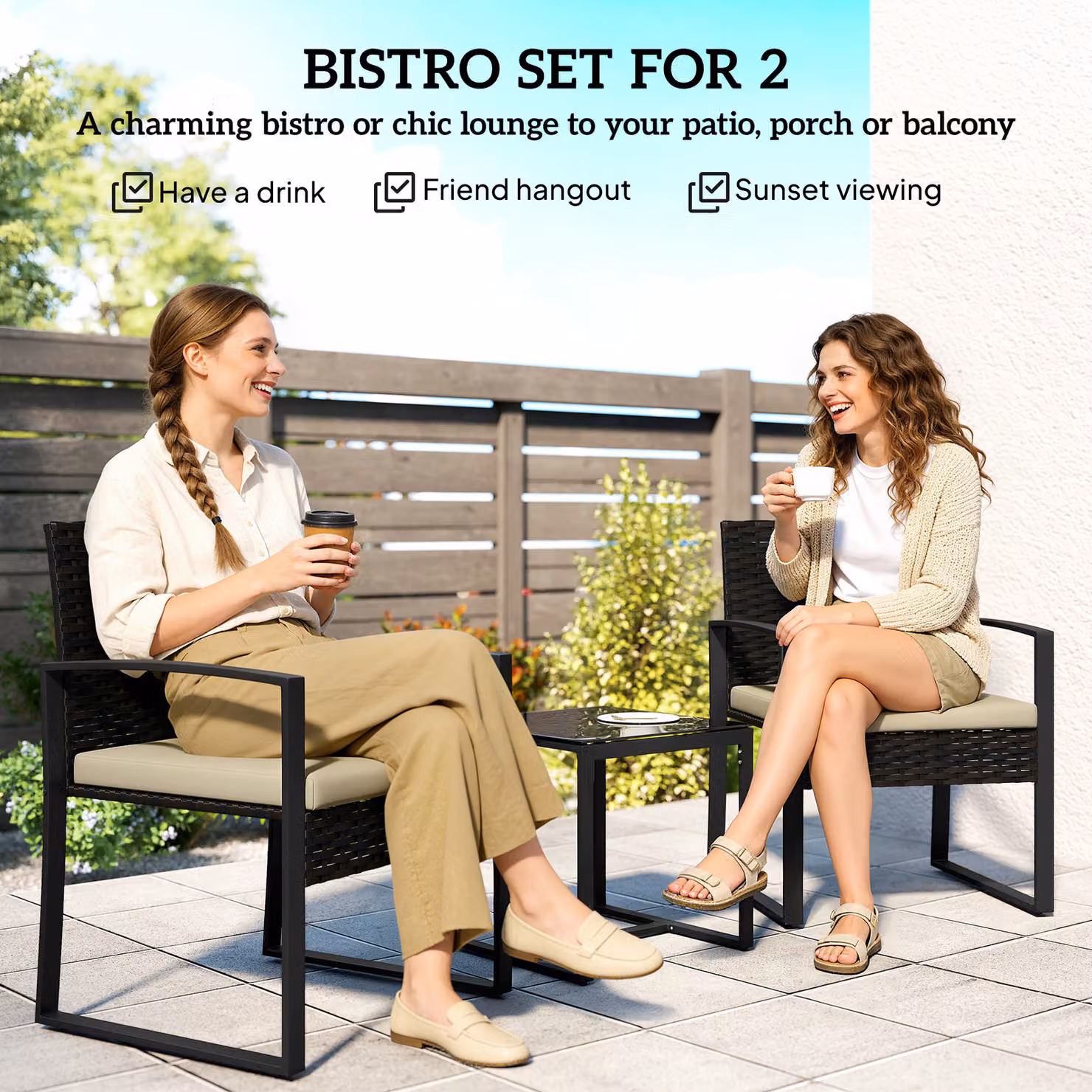 Outsunny 3 Piece Rattan Bistro Set with Glass Top Table and Cushions in Beige – 4