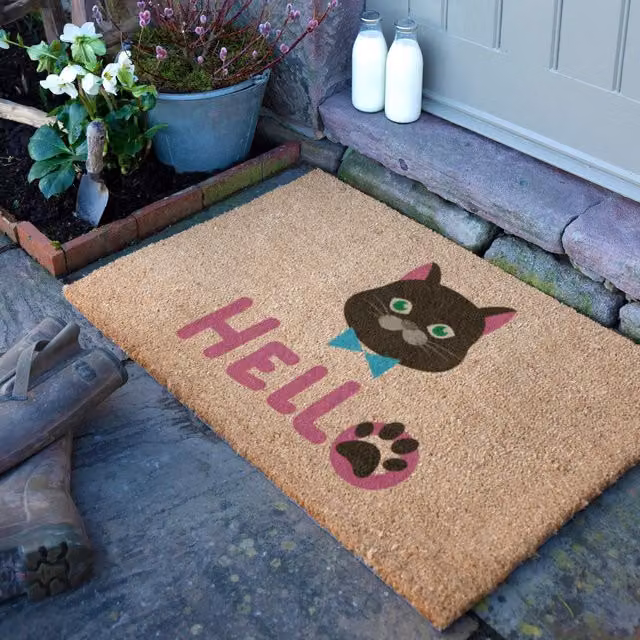 Artsy Mats Cat Hello Doormat in Brown, W: 90 cm, D: 60 cm