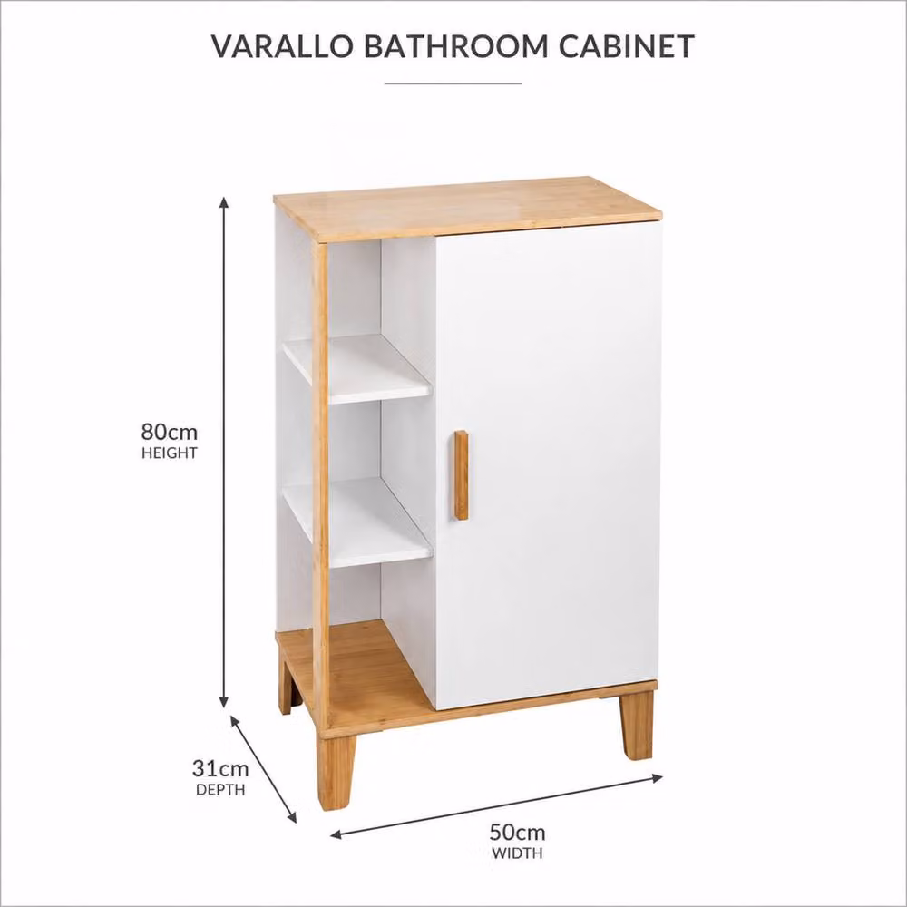 Showerdrape Varallo Matt White and Bamboo Scandinavian Style Freestanding Bathroom Cabinet and 3 Piece Accessory Set – 2