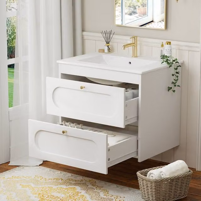 KEEPREAPER Wall Mounted White Glossy Bathroom Cabinet with Basin and 2 Soft-Close Drawers