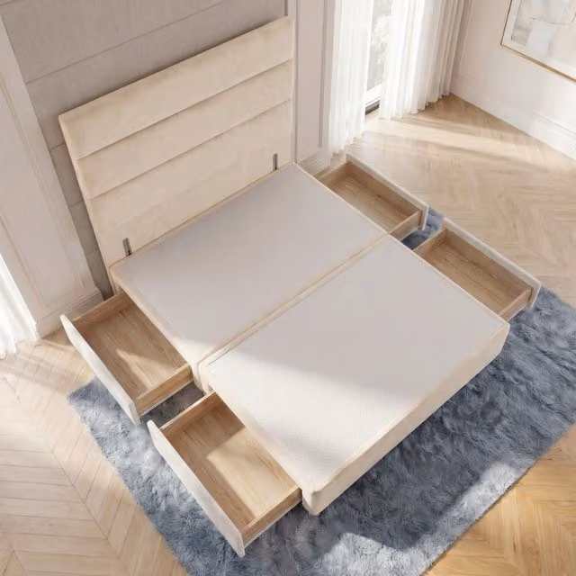 Horizona Velvet Divan Bed Base with Floor Standing Headboard and 4 Drawers, Ivory, W/D/H: 140 x 200 x 34.5 cm