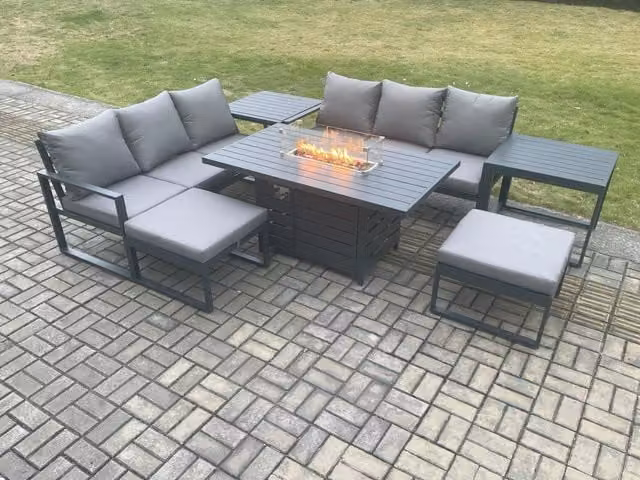 Fimous Aluminium Outdoor Lounge Sofa Garden Furniture Set with Gas Fire Pit Dining Table, 2 Big Footstools and 2 Side Tables in Dark Grey