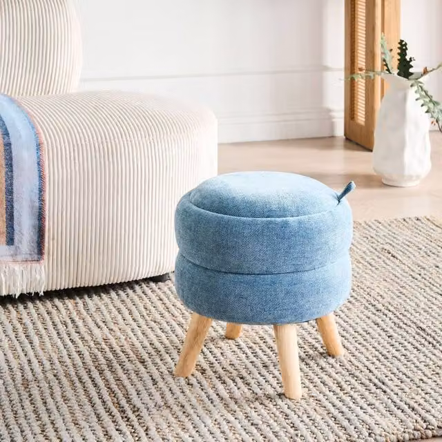 Wyld and Coco Blue Chenille Storage Pouffe with Reversible Lid and Rubberwood Frame – 1
