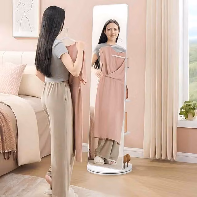The Bazaarist 360 Rotating Full Length Mirror with Shelves and Hooks, White