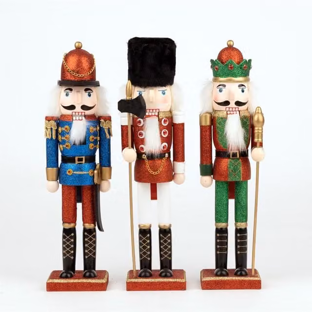 Shatchi Classic Wooden Nutcracker Figure Set of 3, Red, Green and Blue, Height: 38 cm