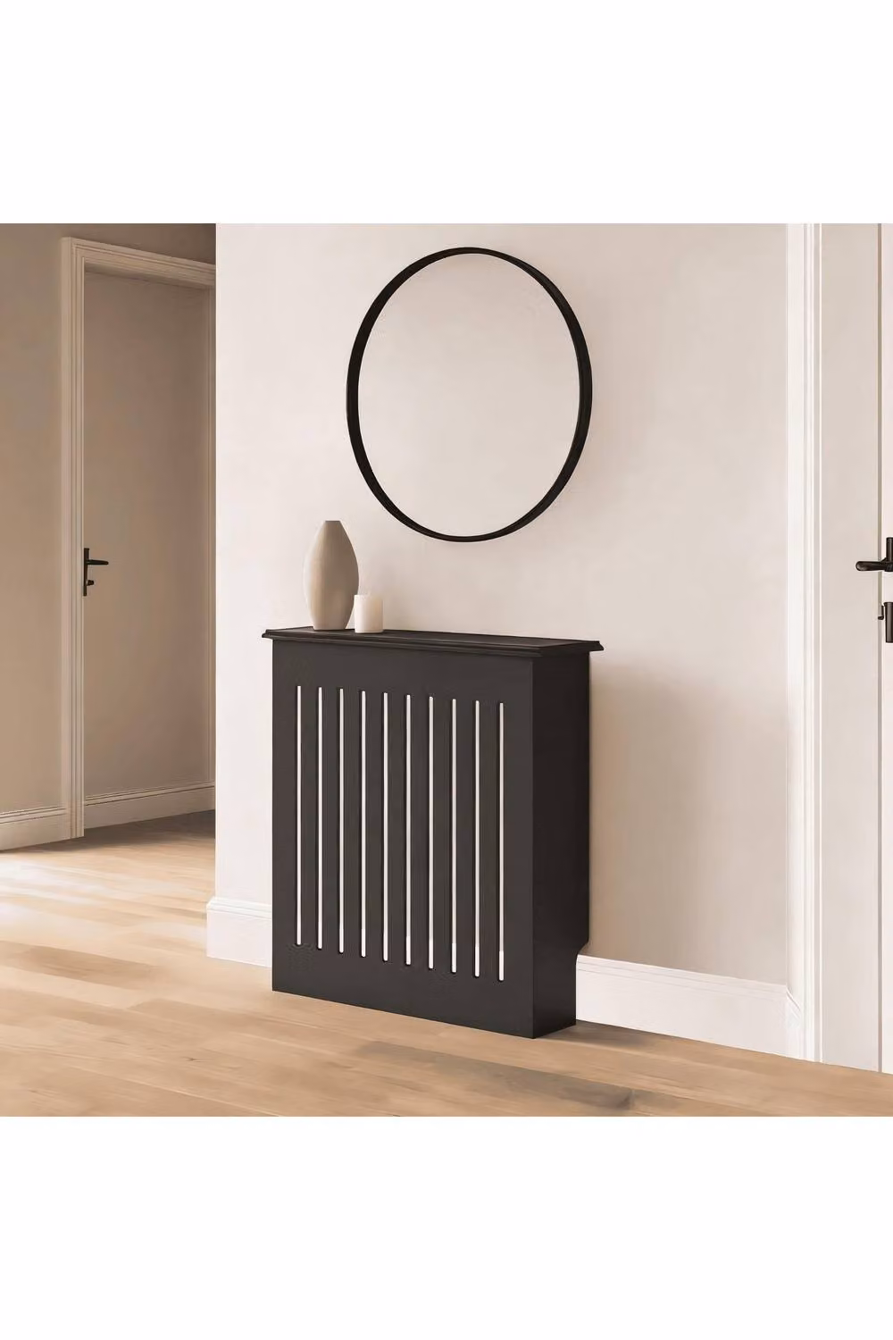 Home Source Loxley Small Radiator Cover, Black MDF Wood, Modern Striped Design, H 82 cm x W 78 cm x D 19 cm – 2