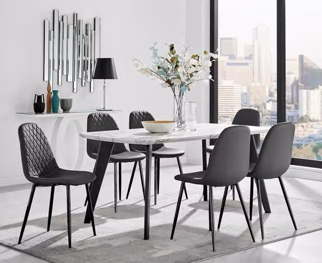 FurnitureboxUK Andria White Marble Effect Rectangular Dining Table and 6 Corona Faux Leather Chairs in Black and White, W/D/H: 160 x 90 x 75 cm – 1