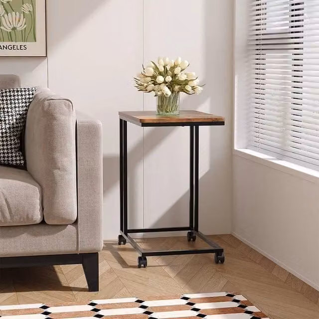 VOGREX Industrial Adjustable Height Side Table with Castors in Brown and Black