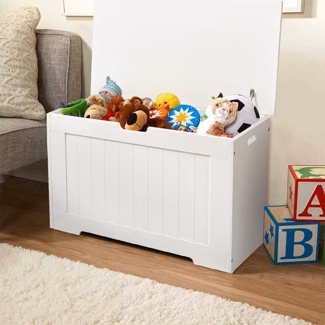 Livingandhome Wooden Toy Organiser with Soft Close Lid in White, W/D/H: 75 x 48 x 40 cm