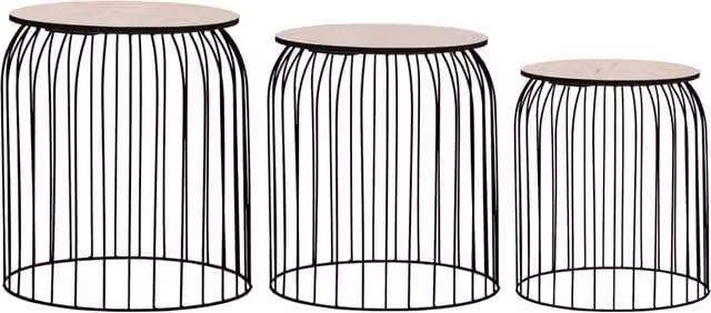 Berkfield Home Set of 3 Black Industrial Nesting Coffee Tables with Round Wood Tops