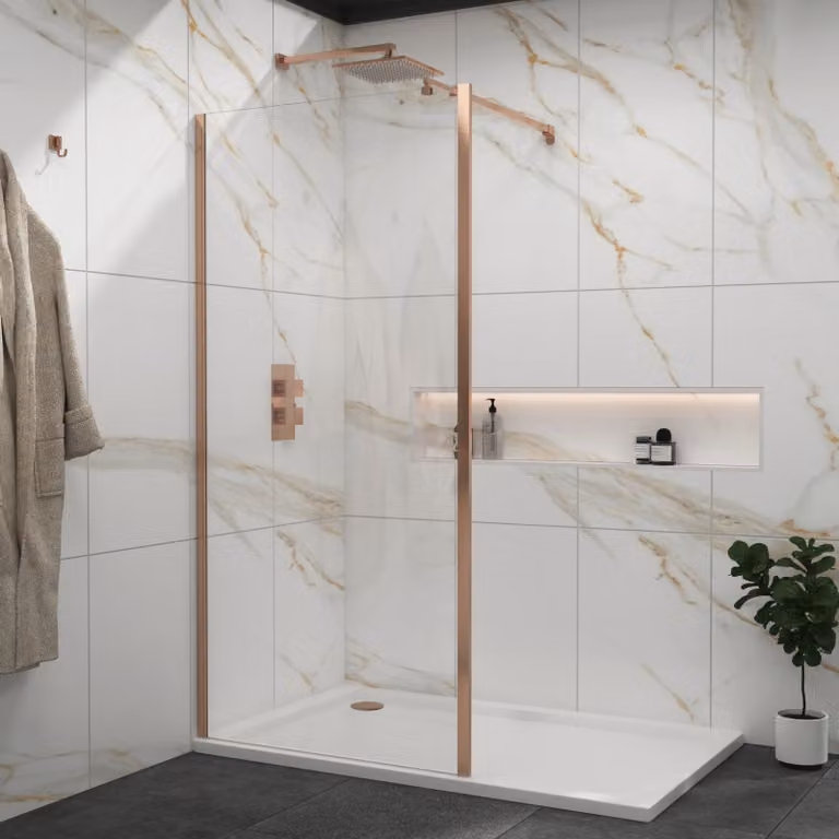 Royal Bathrooms Marbella Walk In Wet Room Shower Screen with Outer Frame, Brushed Bronze, 8mm Easy Clean Clear Glass, W: 100.0 cm, H: 185.0 cm