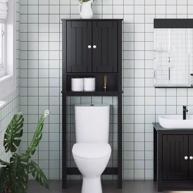 Berkfield Home BERG Over-the-Toilet Bathroom Storage Unit in Black Solid Pine Wood, W/D/H: 60 x 27 x 164.5 cm – 1