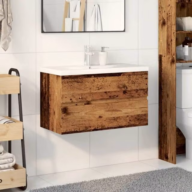 Berkfield Home Freestanding Sink Cabinet with Built-in Basin in Brown Old Wood, W/D/H: 80 x 38.5 x 45 cm