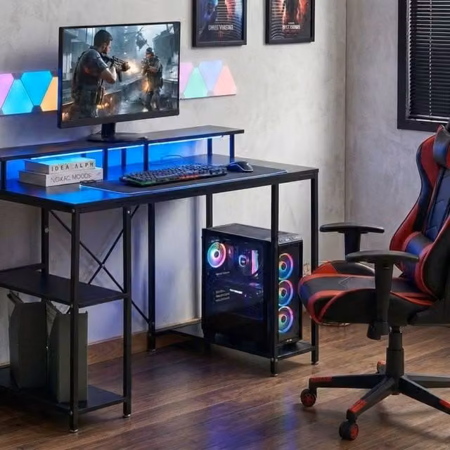Wyld and Coco Gaming Desk with LED Lighting, Black Wood Top and Iron Frame featuring 3 Side Shelves – 1