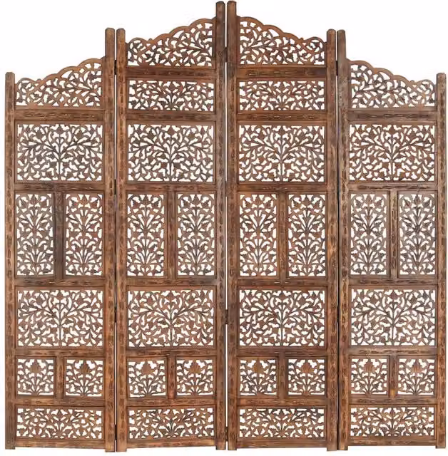 Berkfield Home Hand Carved 4-Panel Room Divider in Brown Solid Mango Wood, W/H: 160 x 165 cm