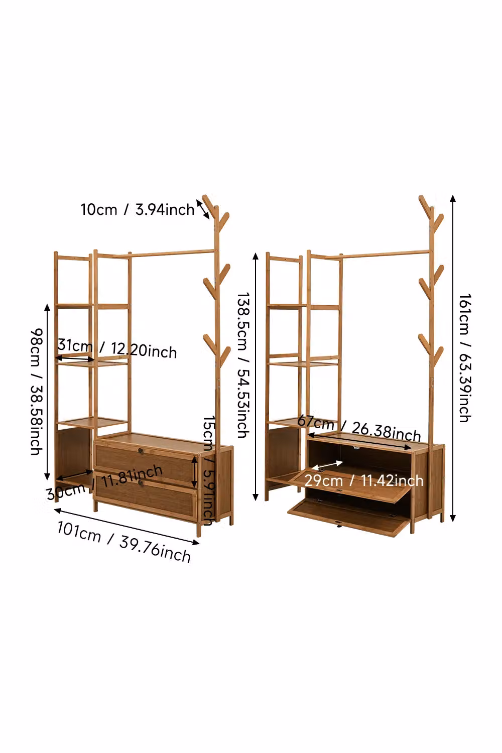 Living and Home Freestanding Bamboo Clothes Rack with Storage Shelves in Brown – 4
