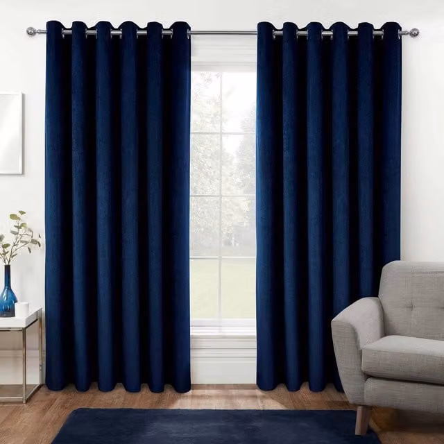 Homescapes Navy Blue Thermal Blackout Velvet Eyelet Curtains