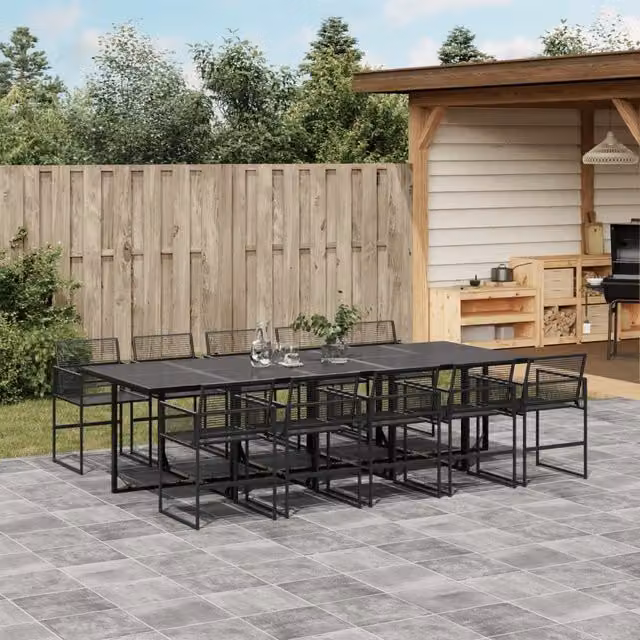 Berkfield Home 11 Piece Modern Black Poly Rattan Garden Dining Set with Glass and Metal Details