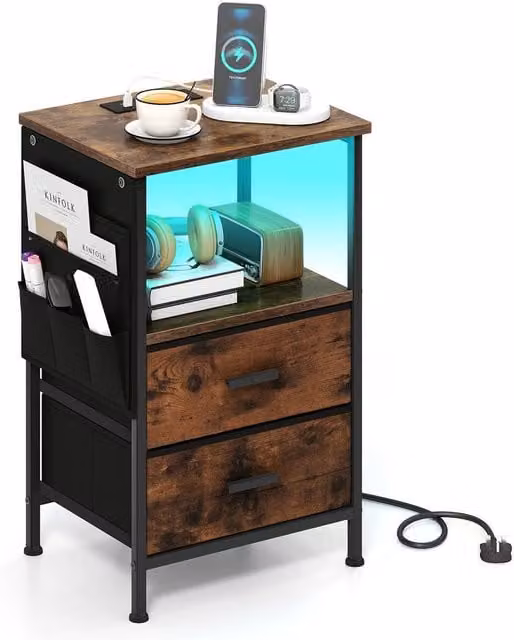 Gymax Brown Industrial Nightstand End Table with Charging Station, 2 Drawers and Integrated LED Lights