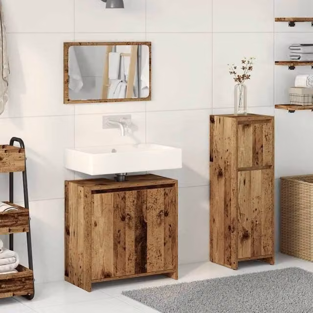 Berkfield Home 3 Piece Rustic Brown Bathroom Furniture Set including Vanity Unit, Mirror Cabinet and Tall Cabinet – 1