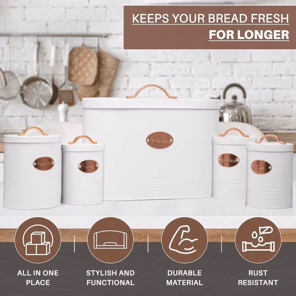 SPETLEK 5-Piece Airtight and Leakproof Metal Kitchen Bread Bin Storage Tin Set in White – 3