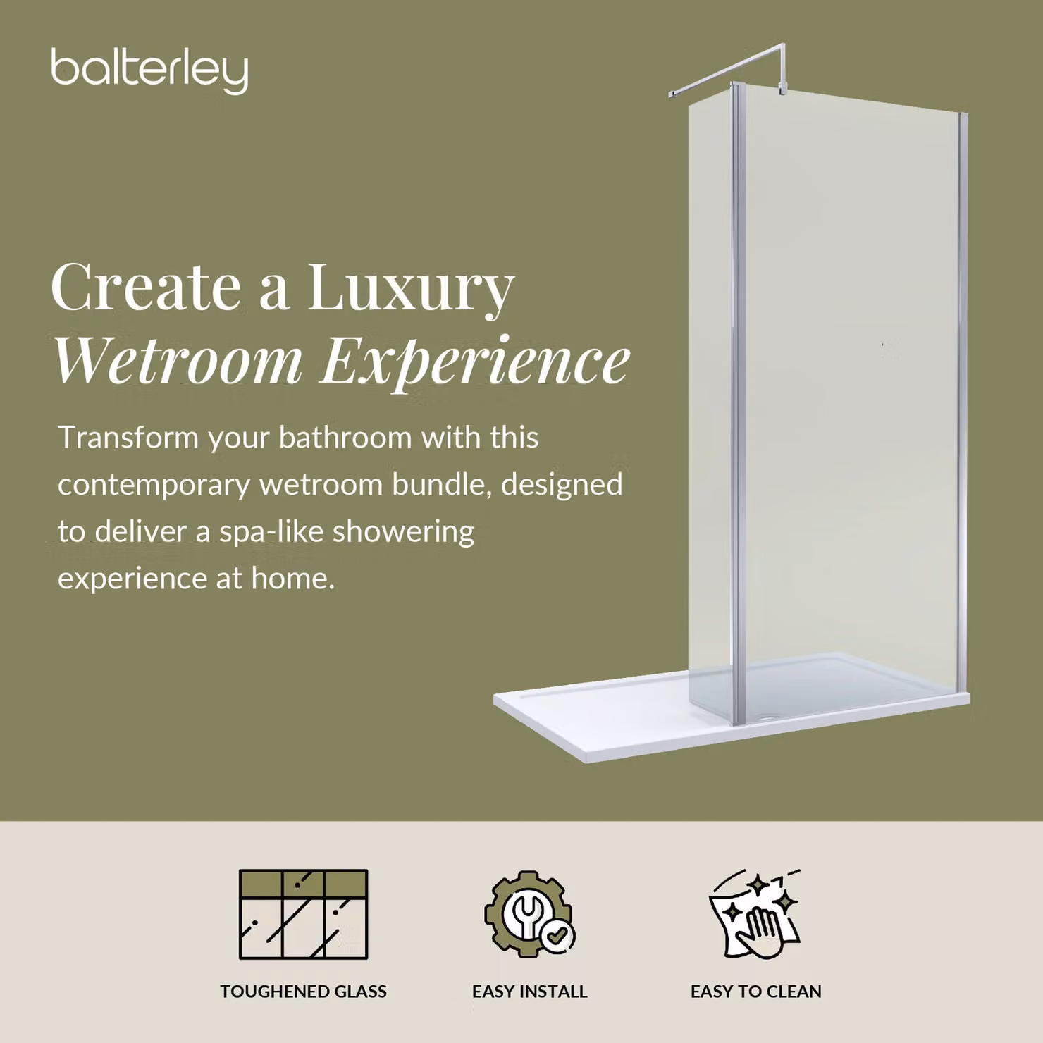 Balterley 8mm Glass Walk-In Wetroom Screen and Return with Tray, Silver and Chrome, W: 140 cm, D: 90 cm – 3