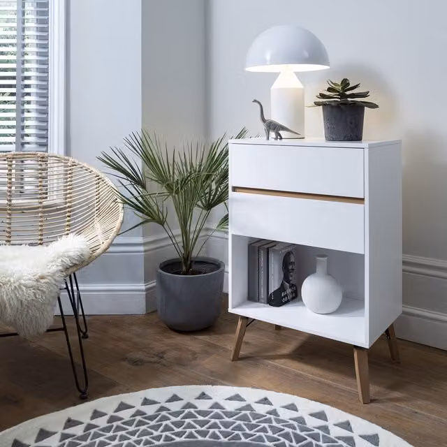 Otto Oversize Side Table with 2 Drawers in White Wood