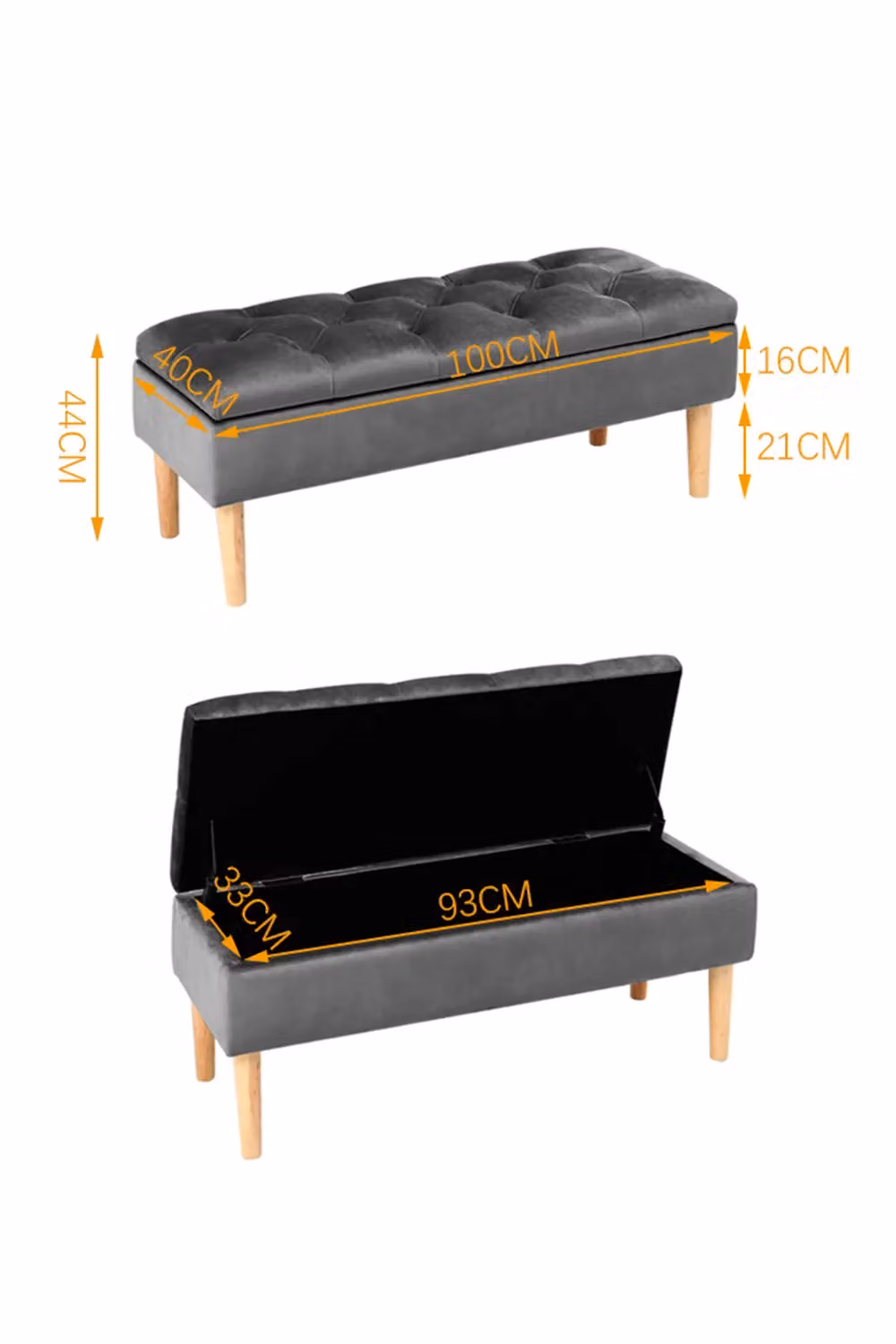 H&O Direct Modern Grey Velvet Storage Bench with Rubberwood Frame – 2