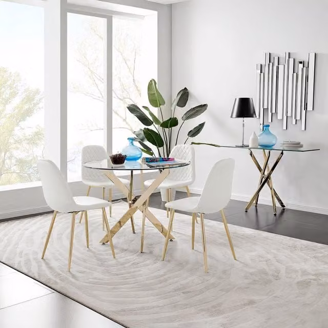 FurnitureboxUK Novara Round Tempered Glass Dining Table with Gold Legs and Four White Corona Faux Leather Chairs, Diameter: 100 cm – 1