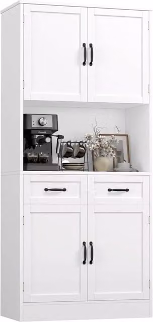 PAWNORA White Modern Kitchen Pantry Cupboard with Hinged Doors and Internal Drawers