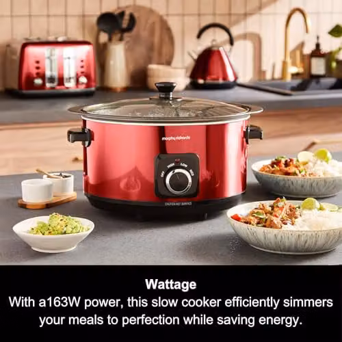 Morphy Richards Accents 6.5L Sear & Stew Slow Cooker in Red with Non-Stick Aluminium Pot and Glass Lid – 5