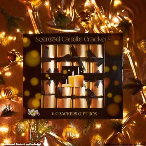 KreativeKraft Luxury Christmas Crackers, Pack of 6 Gold Glass and Multicolour Festive Party Crackers with Mini Scented Candles – 5