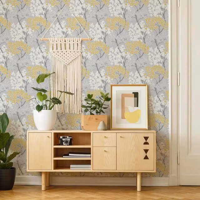 Fresco Lykke Trees and Floral Wallpaper in Yellow