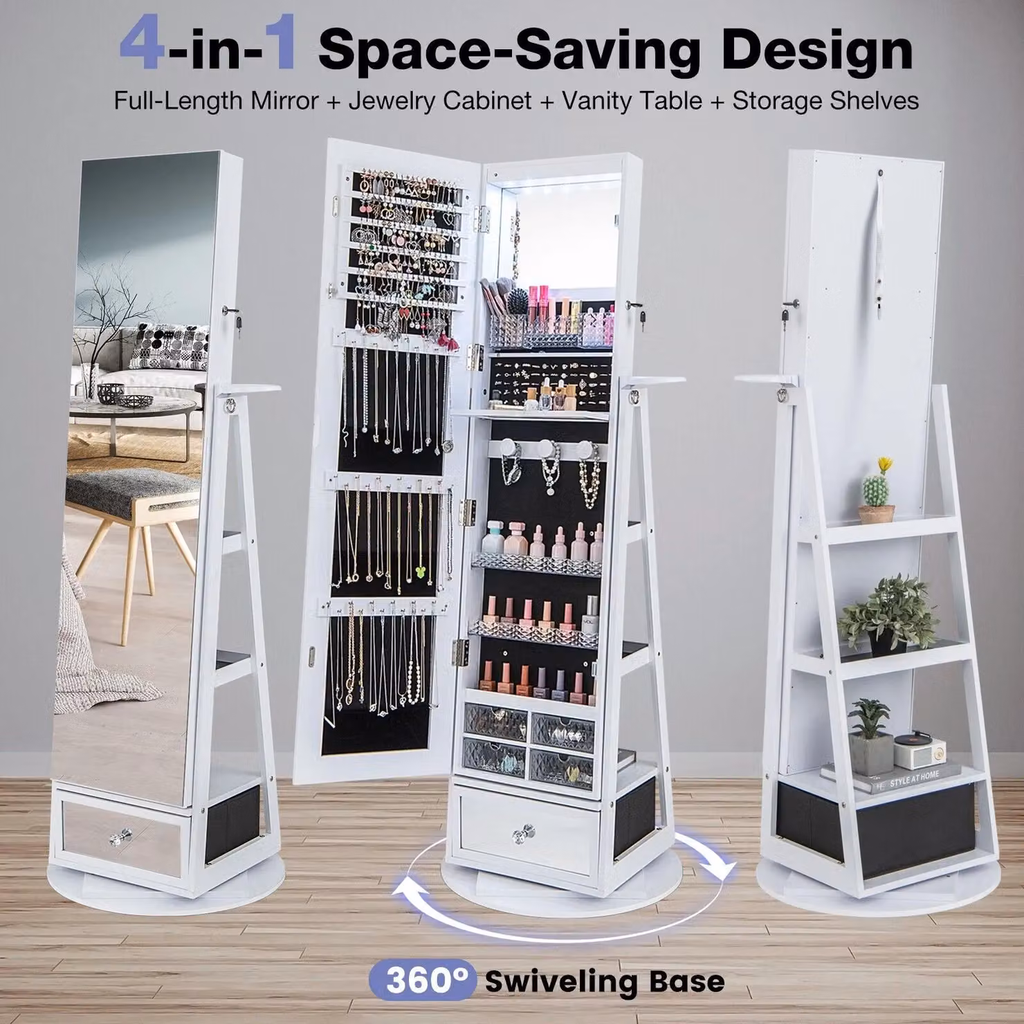 Costway White Floor Standing Swivel Jewelry Armoire with Full Length Mirror, LED Lighting and Lockable Storage – 3