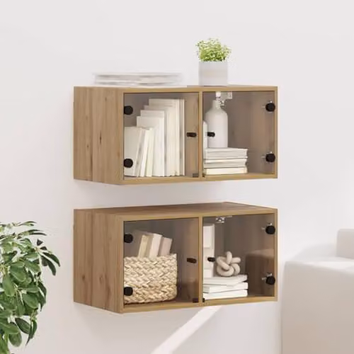 vidaXL Set of 2 Modern Wall Mounted Cabinets with Glass Doors in Brown, W/D/H: 68 x 35 x 35 cm – 2