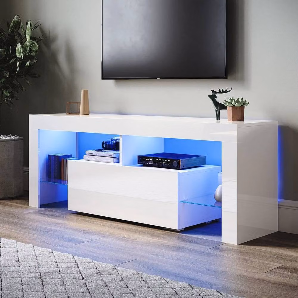 FORGEVIO Modern High Gloss LED TV Stand Cabinet in White, W: 140 cm, H: 52 cm, D: 35 cm – 4