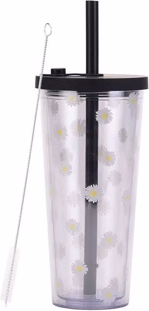 Xample Reusable 24 Oz Black Floral Boba Tumbler with Lid and Straw